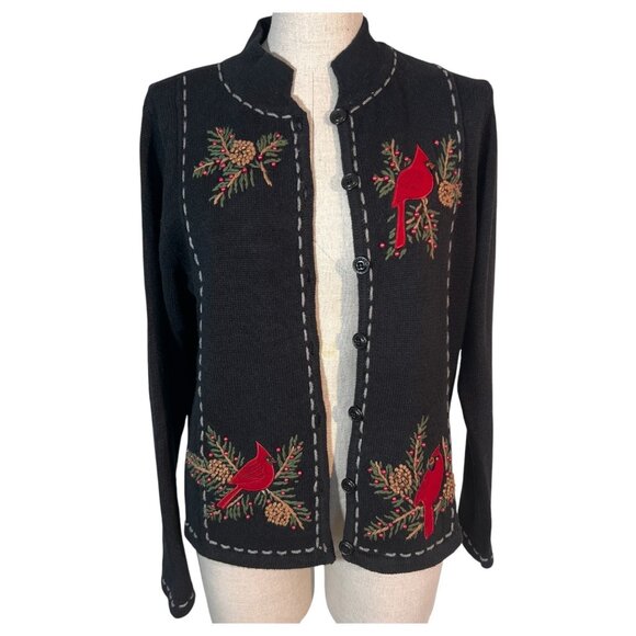 Womens Timberlea Embroidered Black Cardigan Sweater Red Cardinals Size Small VTG - Picture 2 of 9